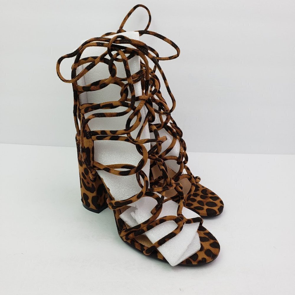 Shoe Land Kyler Womens Size 6.5 Brown Leopard Open Toe Ankle Tie Party 4" Heels